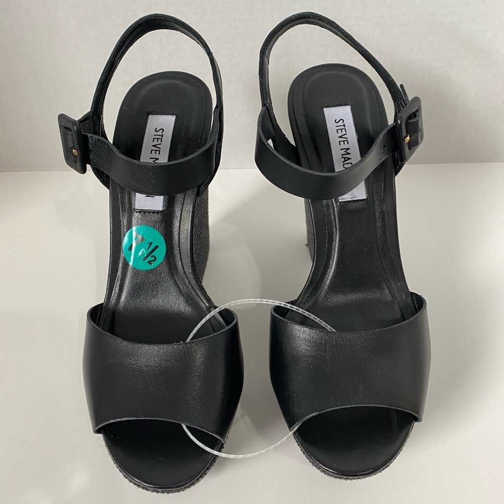 New Steve Madden Black Wedges Heels Leather Sz 7.5